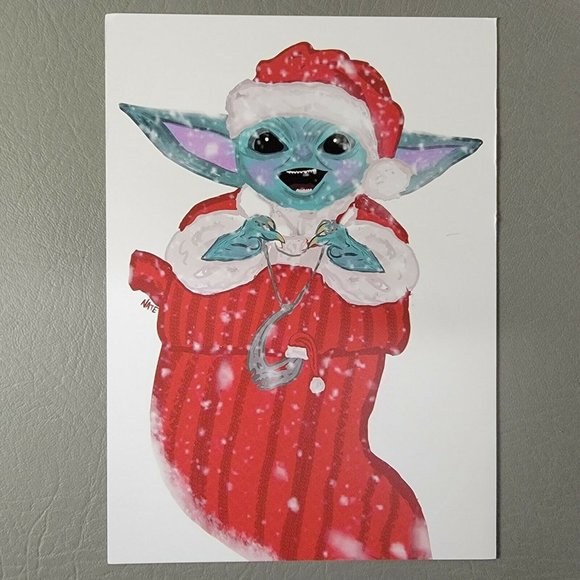 Grogu Baby Yoda Christmas Stocking Art Print ComicTom101 MMC Star Wars - Picture 1 of 4
